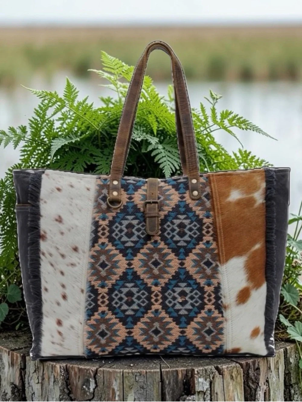 Myra Vanessia Weekender Bag Cowhide Leather Canvas Aztec Western NWT